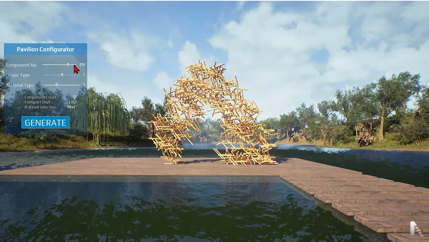 Timber pavilion generated in the Arki Engine pavilion configurator