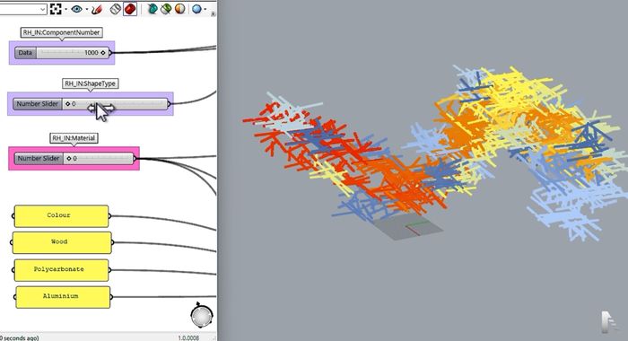Grasshopper definition for the pavilion configurator, with RH_IN parameters for component number, shape type and material