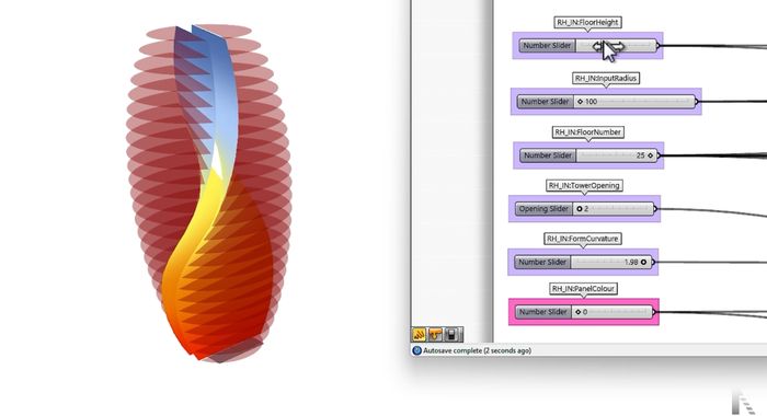 Grasshopper definition for the tower configurator, with parameters for floor height, radius, floor number, opening and curvature