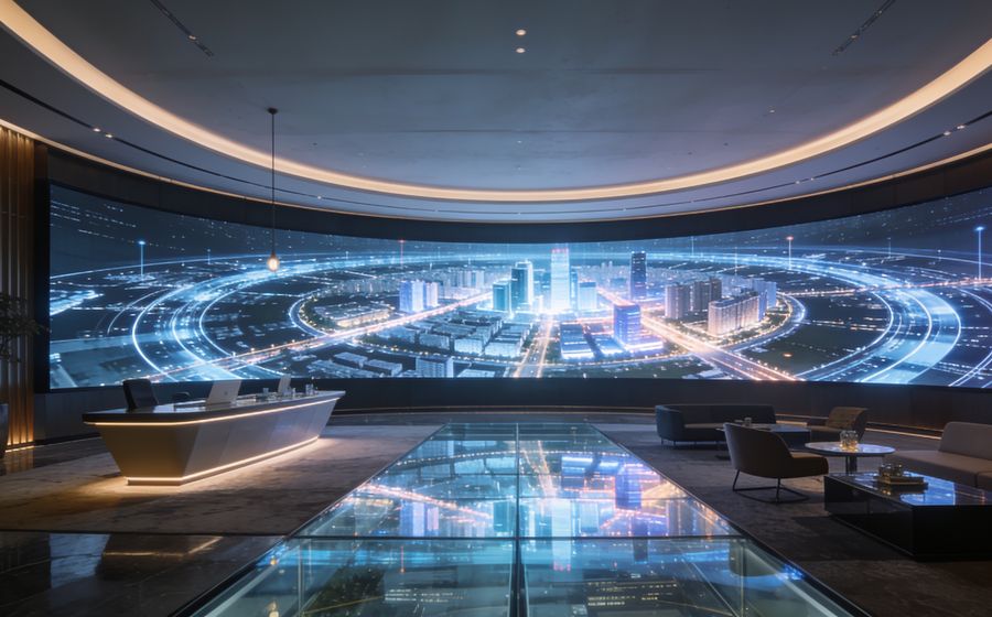 City operations room with live feeds on a 3D city model