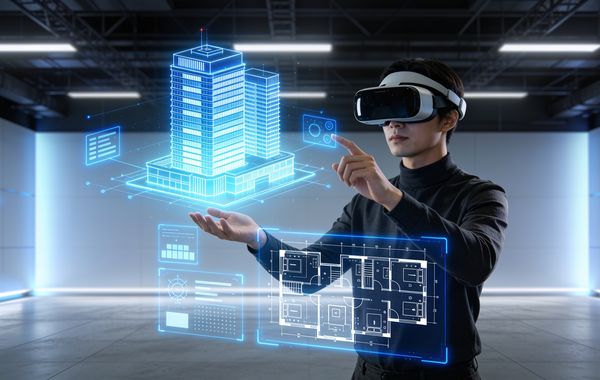 Visitor exploring a building hologram in VR