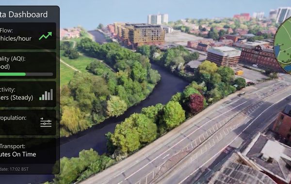 Urban data dashboard overlaid on the Manchester digital twin