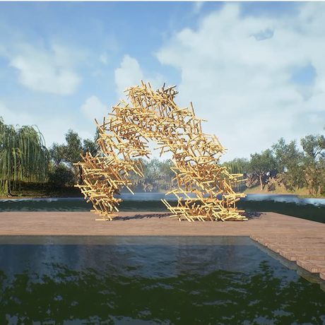 Generative timber pavilion of 755 aggregated components over water