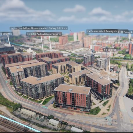 Real-time digital twin of Salford, Manchester with live points of interest labelled