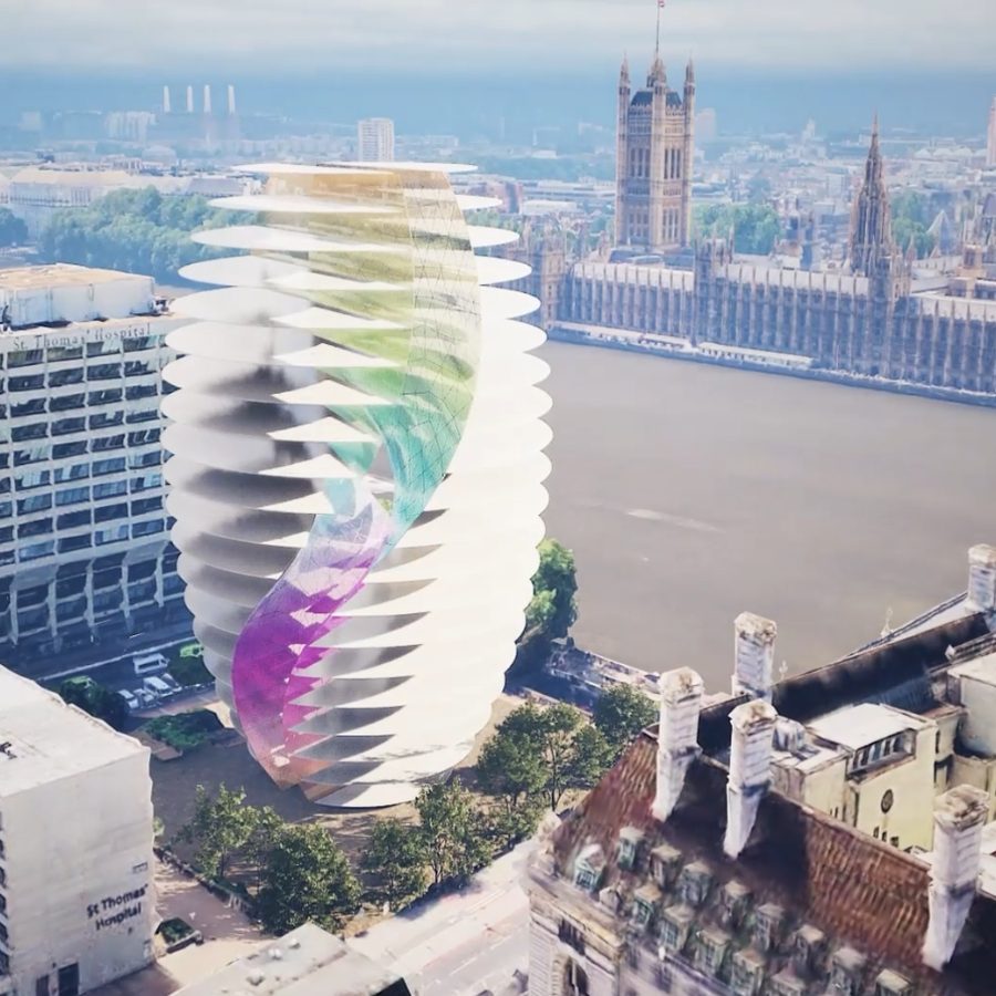 Arki Engine Office T46 tower configurator generating a parametric tower on the Thames beside the Palace of Westminster