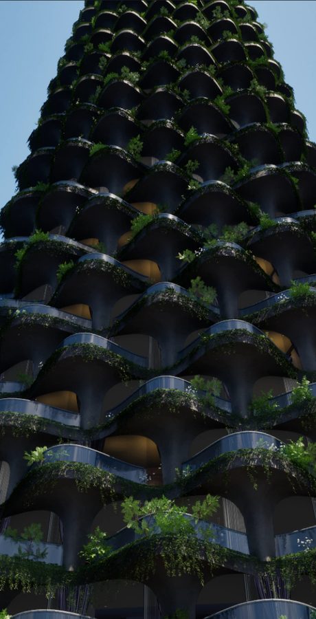 Vertical-garden residential tower with planted balconies generated in Arki Engine