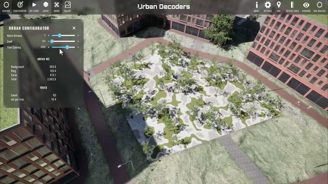 公園とその周りの街区を生成する都市空間の検討ツール。画面に敷地面積、住戸数、緑地率を表示